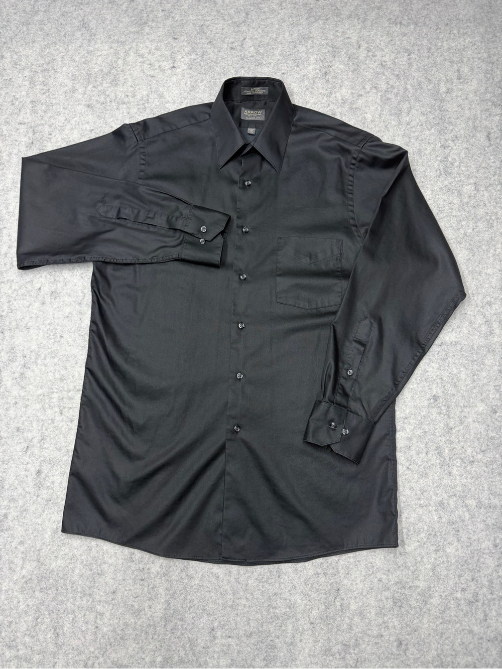 Arrow Sateen Dress Shirt Men 15 32/33 Classic Fit Black Long Sleeve Wrinkle Free